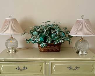 Pair of table or bedside lamps with glass globe bases ($25.00 each), faux plant basket ($10.00), painted dresser ($50.00)