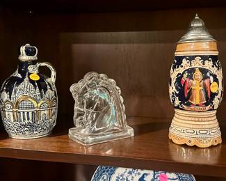 Vintage Tilso liquor decanter music box ($25.00), Federal glass horsehead bookends ($10.00 pair), Munich stein music box ($25.00)