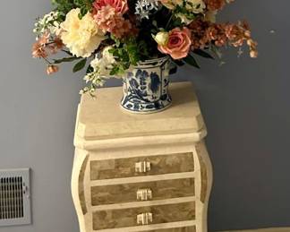 Maitland-Smith tessellated marble and iron chest, framed floral artwork