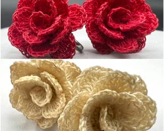 (2) Pair Vintage 1950s Handmade Crocheted Rose Earrings: Red & Cream Floral Screw Back Jewelry