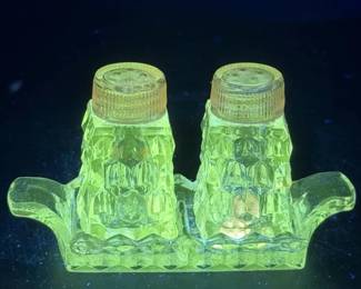 Stickered Fostoria Salt & Pepper Shakers With Tray