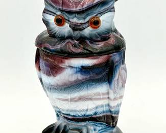 Sticker Imperial Slag Glass Owl Covered Dish — Amethyst c. 1960s–1980s
