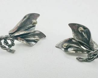 Sterling Silver Floral Jewelry — Antique Art Nouveau Flower Screwback Earrings