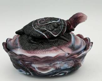 vintage L.G. Wright purple slag glass turtle on nest dish