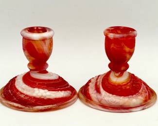Stickered Imperial glass end of day slag glass candle holders