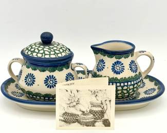 Polish Pottery Creamer & Sugar Set With COA