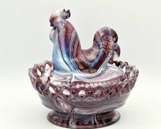 Stamped Imperial Glass Rooster On Nest Covered Dish Purple Slag