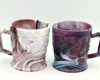 (2) Vintage Imperial Purple Swirl Slag Glass Bird Flower Botanical Coffee Mugs