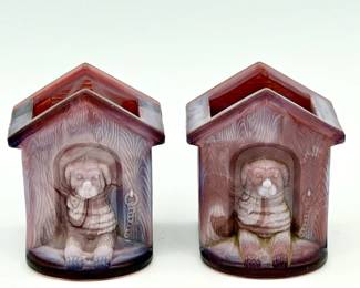 (2) Slag Glass Amethyst Dogs In Doghouse Toothpick Holders