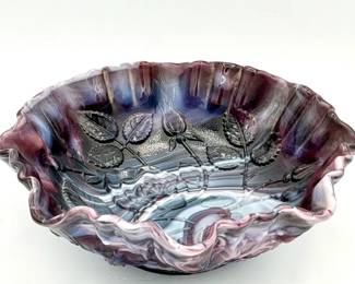 Stamped Imperial Glass Open Rose Ruffled Purple Slag Glass Bowl