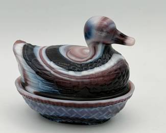 Imperial Slag Glass Amethyst Duck On Neat Covered Dish