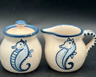 Dedham pottery creamer and sugar bowl pieces