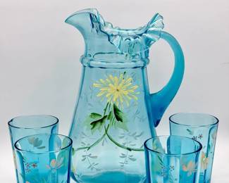 antique Victorian hand-painted blue glass pitcher and tumbler set