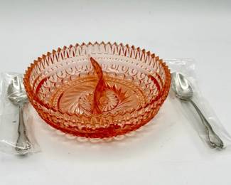 Vintage Depression Glass Divided Dish With (2) Utensils