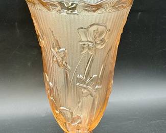 Jeannette Glass Iris & Herringbone carnival glass vase Marigold Peach