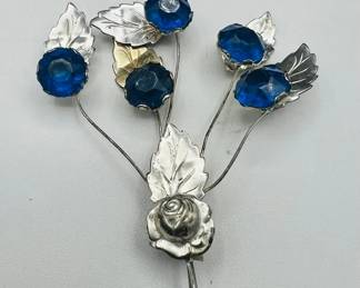 Sterling Silver Vintage Jewelry Set: Sparkling Blue Rhinestone Floral Spray Brooch & Earrings