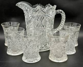 Vintage Cut Glass Pitcher & (6) Cups