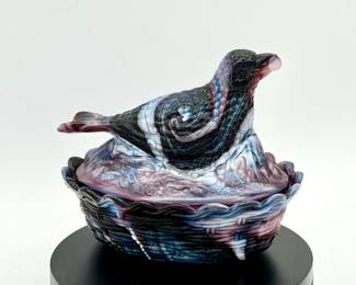 Vintage Slag Glass Bird Covered Dish On Nest
