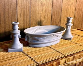 Blue Ceramic Candlesticks & Basin