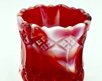 UV Reactive vintage Imperial Glass red and white slag glass toothpick holder