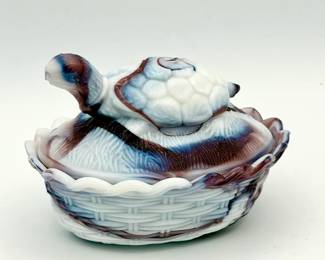 vintage L.G. Wright purple slag glass turtle on nest dish