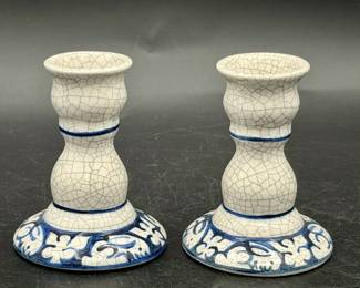 (2) Signed Dedham Pottery Candlestick Holders