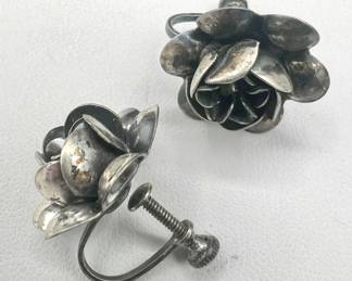 Vintage Sterling Silver Screw-back Rose Earrings