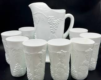 Vintage Westmoreland Milk Glass Grape Pitcher & (8) Cups