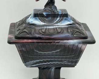 Marked Vintage Imperial Slag Glass Covered Candy Dish w/ Eagle Lid