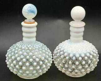 (2) vintage Fenton Art Glass opalescent hobnail perfume bottles