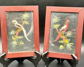 (2) Framed Feather craft Bird Decorations