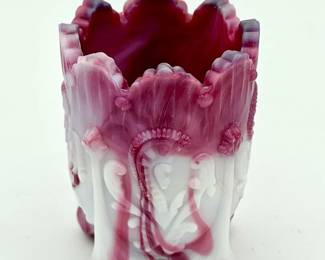 Northwood/Dugan "Inverted Fan & Feather" toothpick holder Pink Slag Glass