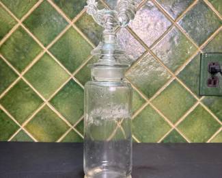 293 vintageclearglassjarwithroosterfin