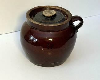 405 vintagebrownglazedstonewarecrockjar