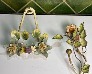 099 twovintagehandpaintedmetalfloralwa