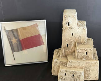Lot 127: Framed Texas flag and decorative stone fortress sculpture