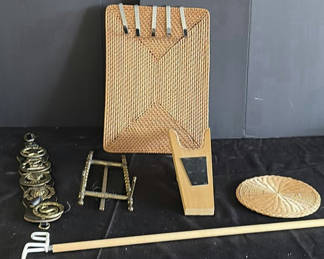 Lot 182: Assorted weaving, wicker, and brass decorative items