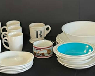 Lot 98: White ceramic dinnerware set with mugs, bowls, plates, and kitchen accessories