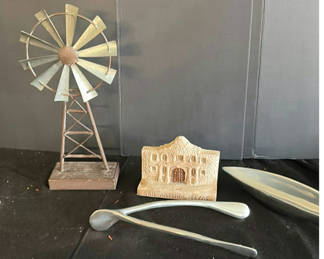 Lot 96: Windmill sculpture, San Antonio souvenir, and decorative metal utensils