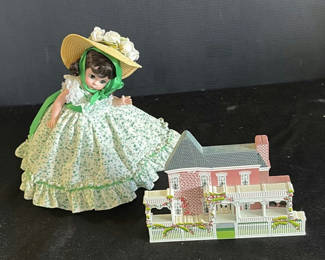 Lot 184: Doll in Floral Dress with Miniature Dollhouse and Gone With the Wind Insert