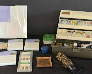 Lot 178: Acrylic paints, canvases, easels, and painting supplies