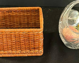 Lot 83: Wicker basket, etched glass vase, marbled decorative eggs, and magazine holder