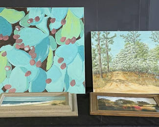 Lot 121: Ruth Shirley paintings: turquoise botanical abstract and landscape scenes