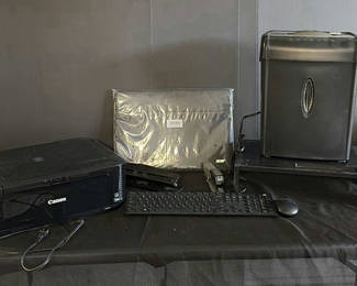 Lot 104: Canon printer with keyboard, mouse, shredder, stapler, and Acer boxed item