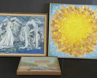 Lot 122: Sailboats, Sunflower, and Arc de Triomphe paintings