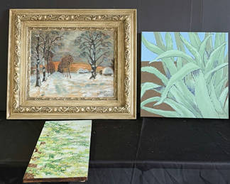 Lot 107: Set of three paintings: winter landscape in ornate frame and two botanical canvases
