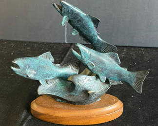 Lot 79: Group of Five Patinated Metal Fish Sculptures on Wood Base