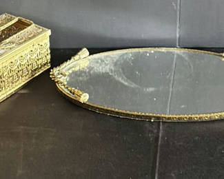 Lot 163: Ornate Gold-Tone Jewelry Box and Oval Mirror