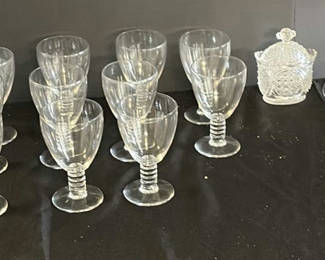 Lot 101: Clear glass goblets with twisted stems and crystal serving pieces