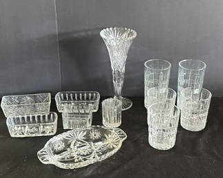 Lot 176: Crystal glassware collection with vases, tumblers, and serving dishes